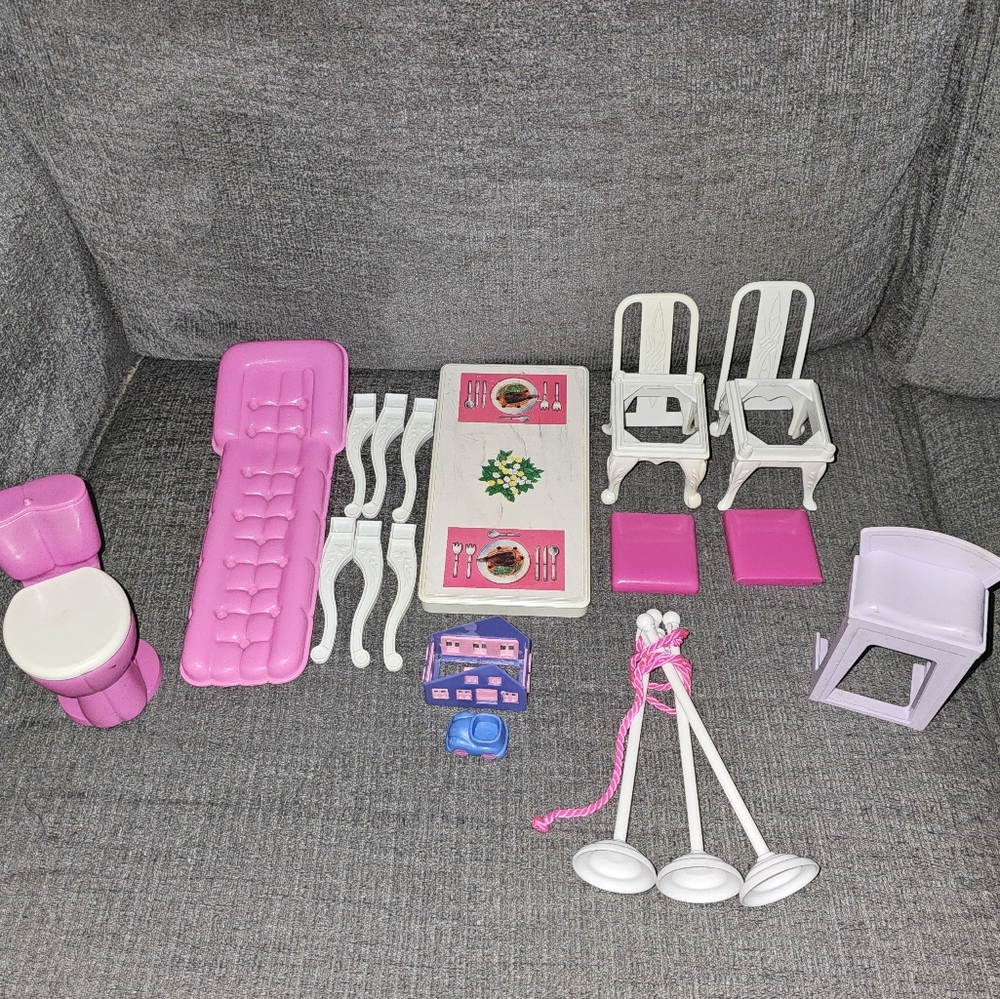 Barbie Doll Sized Pink and White Doll Furniture Lot